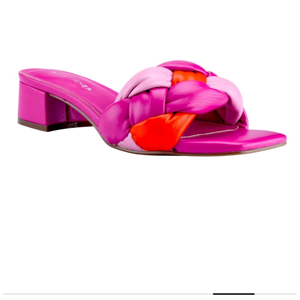 MARC FISHER WOMENS CALICEA BLOCK HEEL SQUARE TOE BRAIDED PINK/ORANGE SANDAL 7